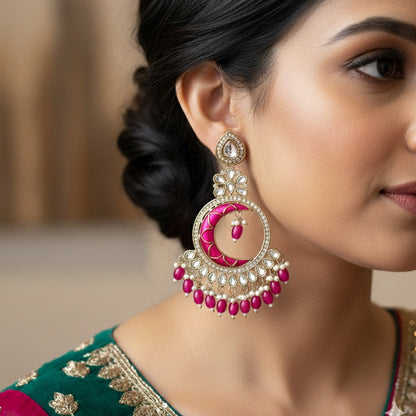 Kunica Kundan Pearl Chandbali Earrings - Pink