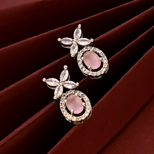 Grace American Diamond Silver Stud Earrings - Pastel Pink