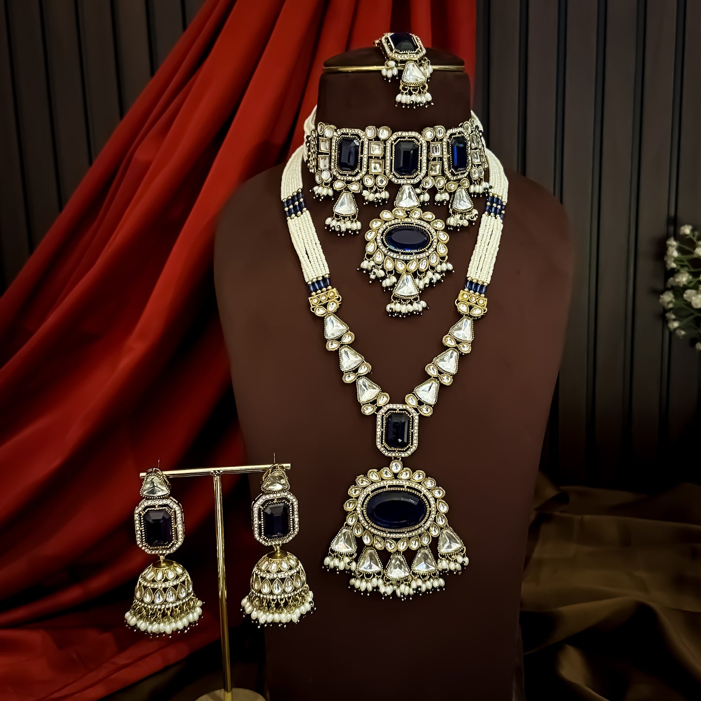 Israni Premium Kundan Long & Short Necklace Set - Royal Blue