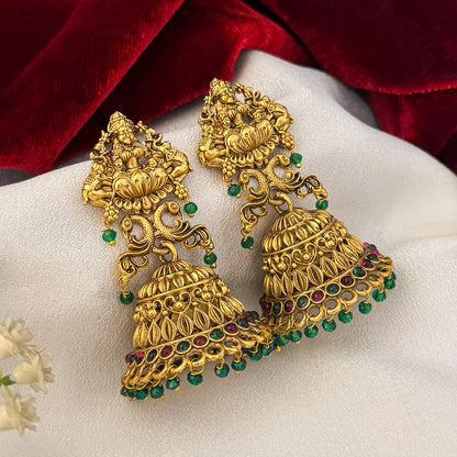 Aadya Temple Jhumka Earrings - Pink & Green
