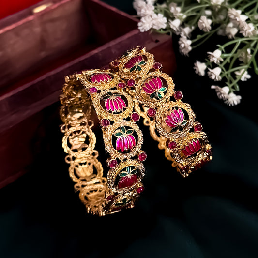 Kamalika Temple Gold Bangles - Set of 2 (Pink & Green)