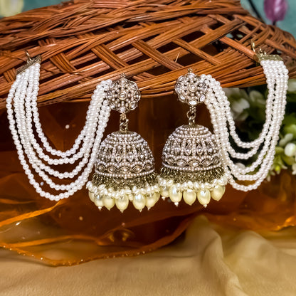 Mehvish Jadau Reverse AD Jhumka Earrings with Earchain - Golden