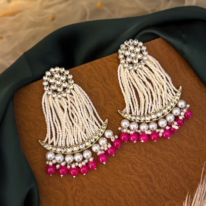 Pink Nikhat Kundan Pearl Chandbali Earrings