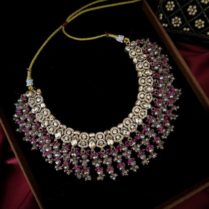 Madiha Premium Reverse AD Necklace Set - Pink