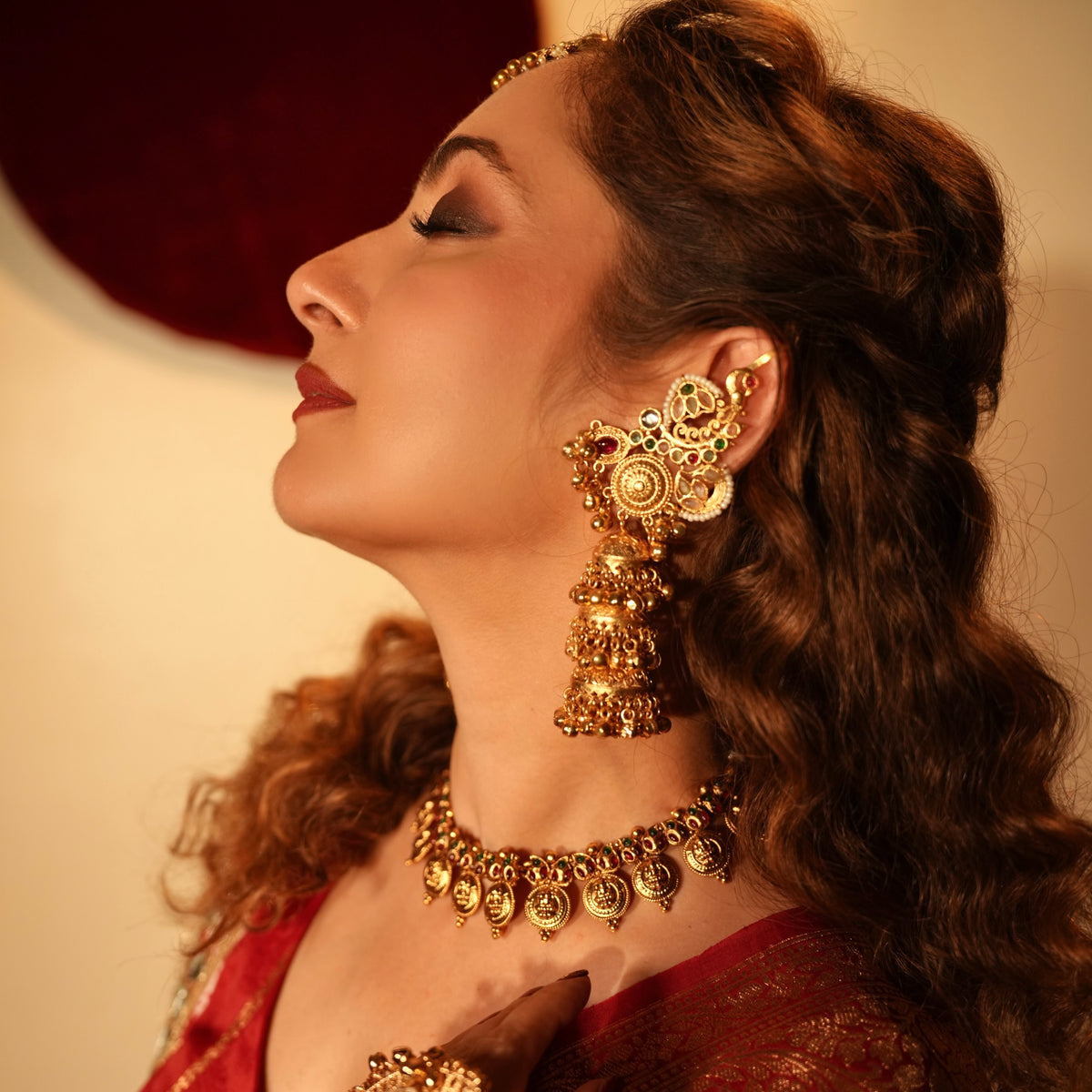 Mayurkanchi Peacock Premium Kashmiri Brass Jhumka with Earcuff Earrings - Golden( As seen on Lavina Tandon)