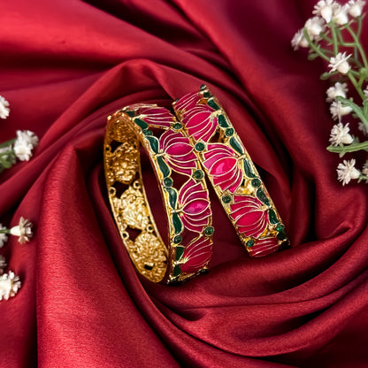 Pink Nalini Lotus Lakshmi Temple Gold Bangles - Set of 2