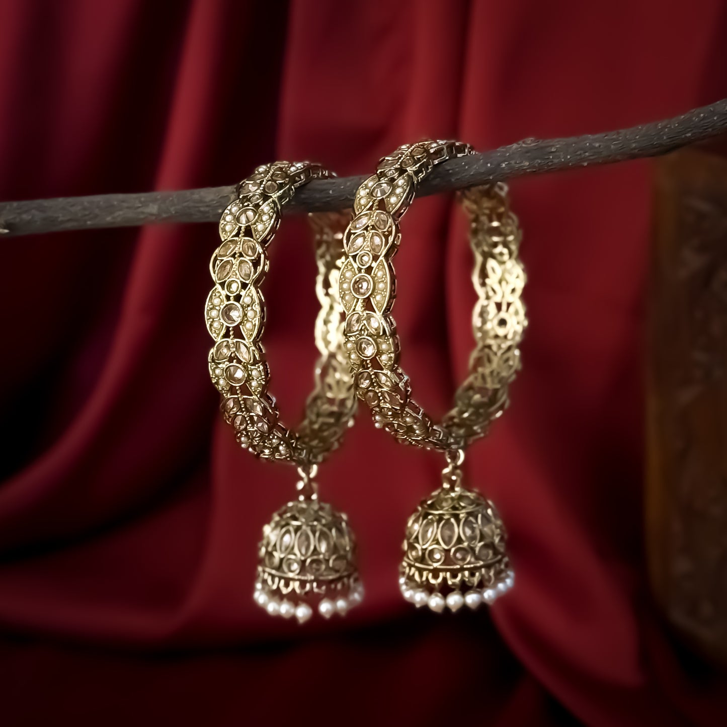 Lashkara Reverse AD Premium Jadau Kaleere Jhumka Bangles (Set of 2) - Golden