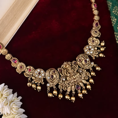 Mrinalini Lakshmi Temple Necklace Set - Gold & Pink
