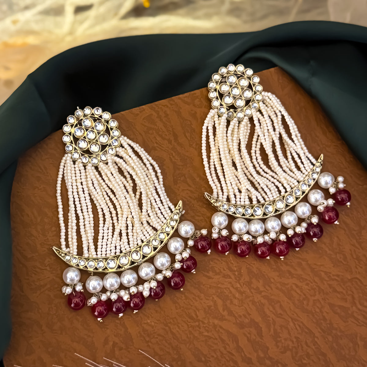 Maroon Nikhat Kundan Pearl Chandbali Earrings