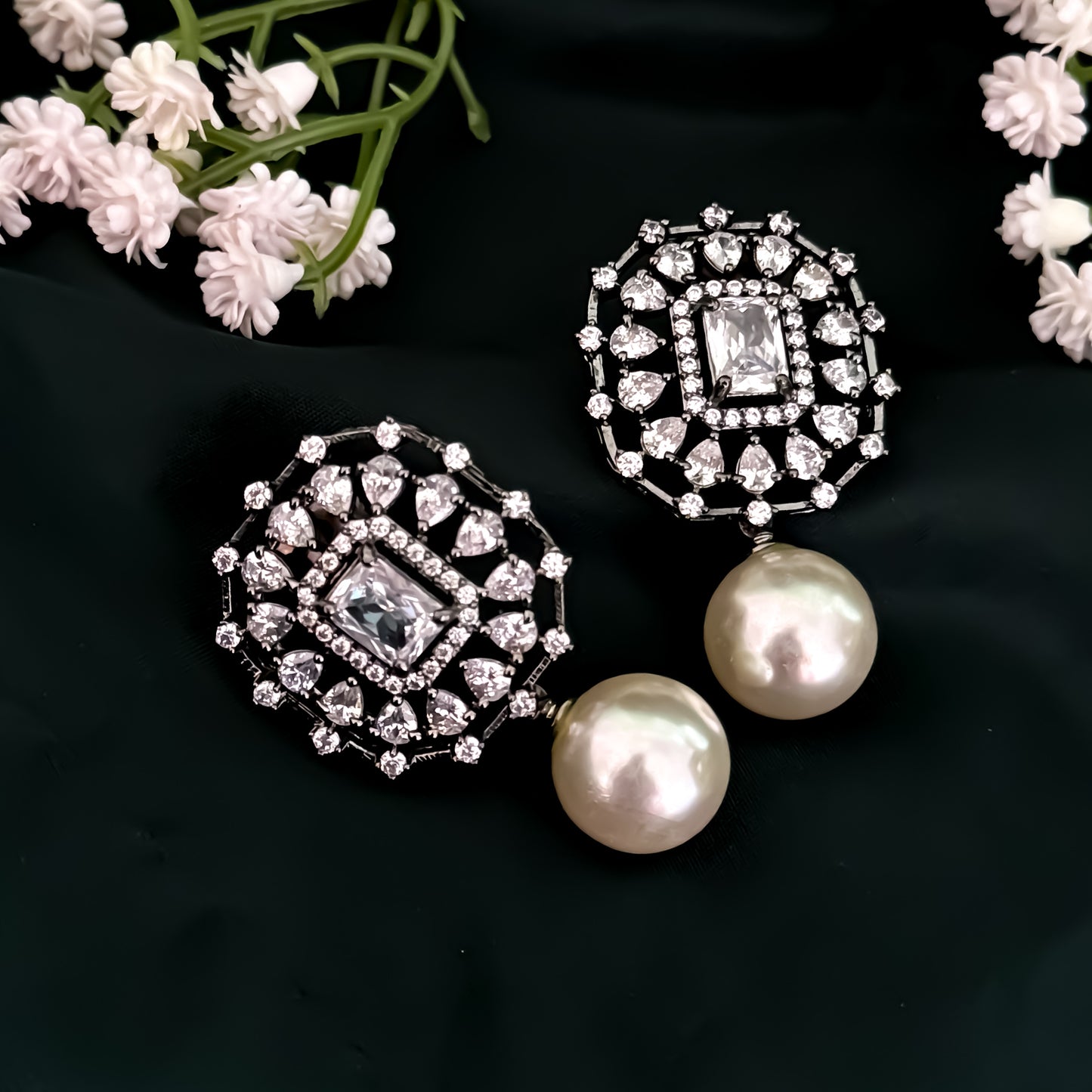 Fiona American Diamond Pearl Drop Stud Earrings - Crystal White