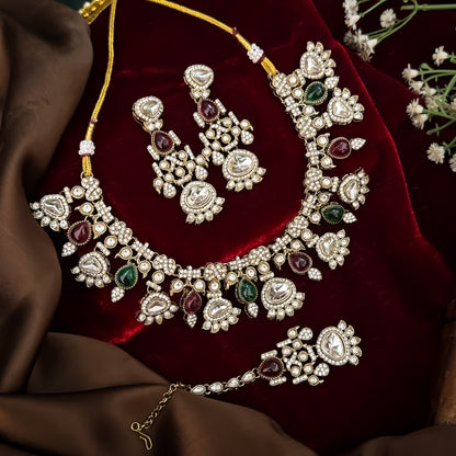Jehana Premium Polki Lookalike Necklace Set - Maroon & Green