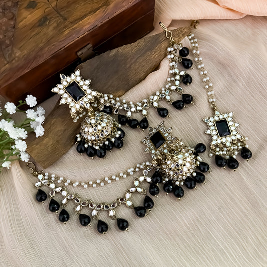 Manavi Mirror Jhumka with Teeka & Sahara- Black