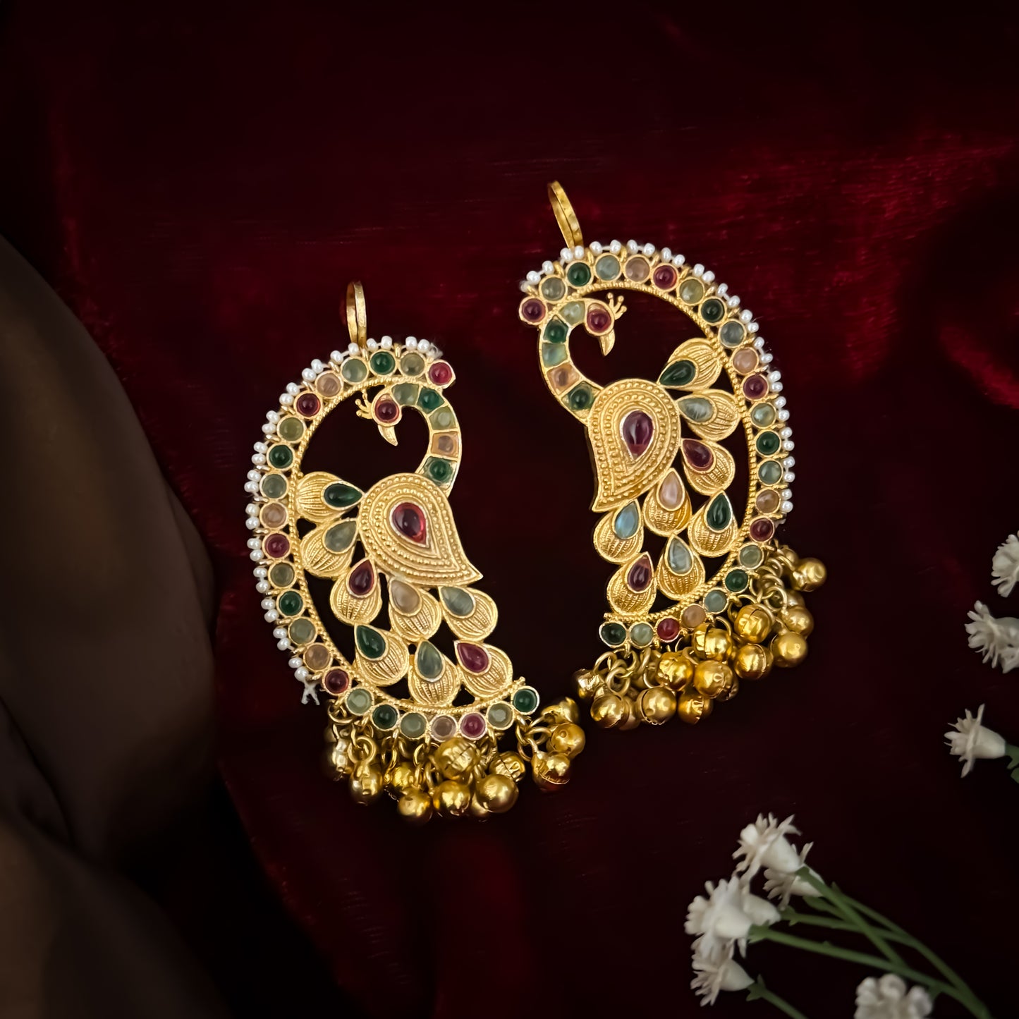 Shree premium antique brass kashmiri earrings featuring shield studs integrated upper ear climber cuffs clear crystal crescent plates and five long dangling gold pearl chains with mini ghungroo bell clusters