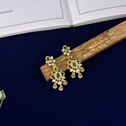 Vikhyat Temple AD Necklace Set - Green & Pink