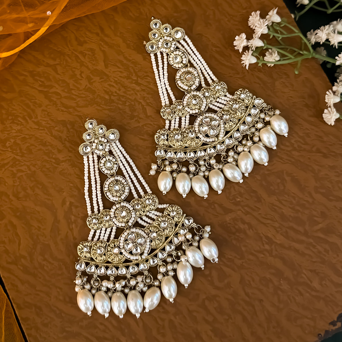 Golden Kinza Kundan Pearl Chandbali Earrings