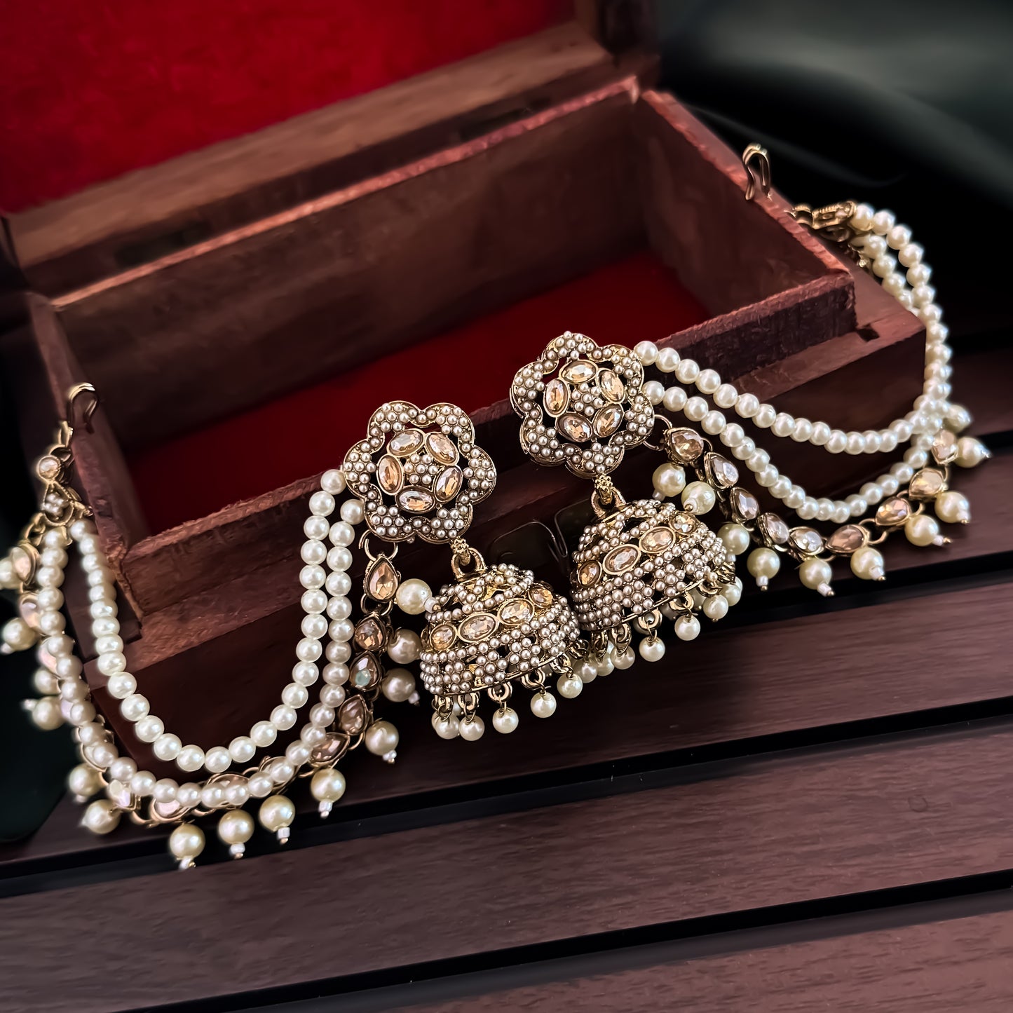 Manika Jadau Jhumka Earrings with Sahara/Earchains - Golden