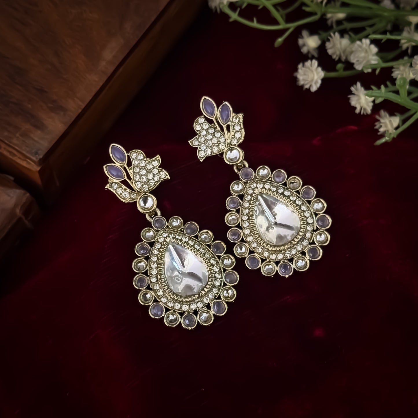 Mansi Kundan Drop Earrings - Lavender