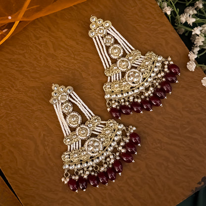 Maroon Kinza Kundan Pearl Chandbali Earrings