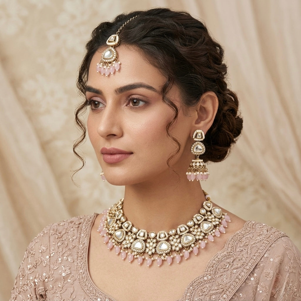 Ramsha Royal Kundan Necklace Set - Pastel Pink
