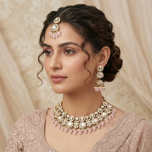 Ramsha Royal Kundan Necklace Set - Pastel Pink