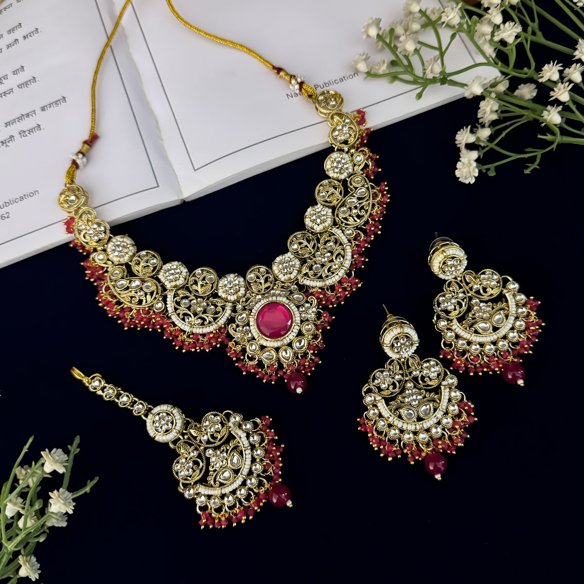 Pink Hridya Premium Kundan Necklace Set