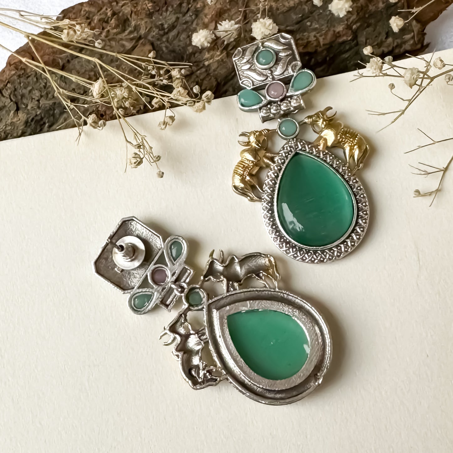 Nandi Monalisa Stone Dual Tone SLA Earrings- Pastel Green