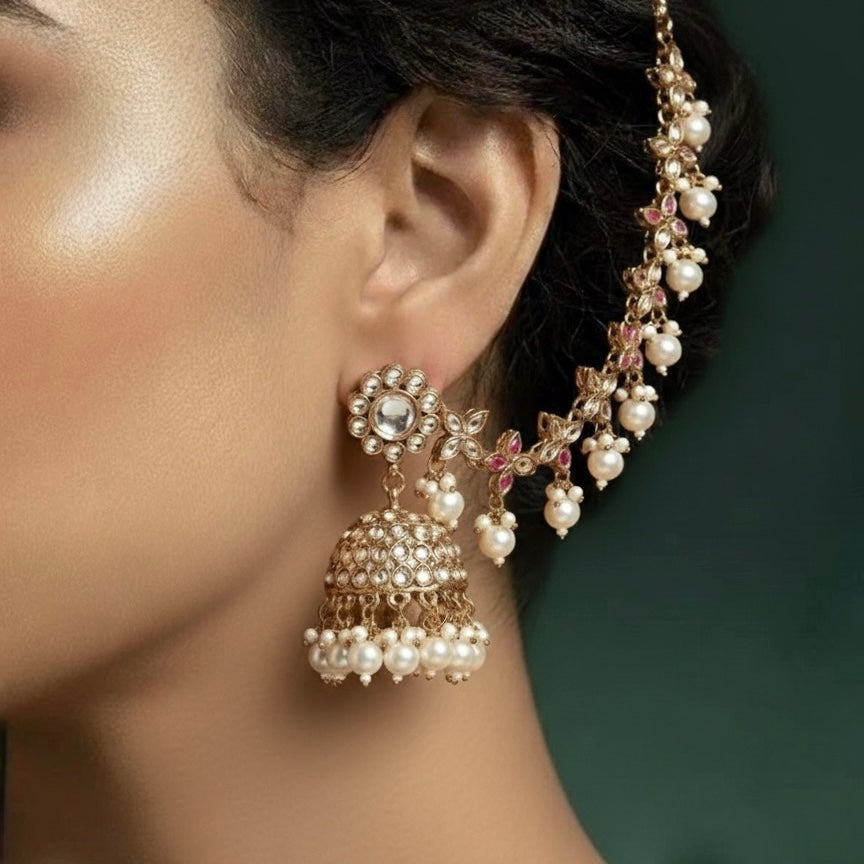 Kashi Kundan Jhumka Earrings with Sahara/Earchains - Golden
