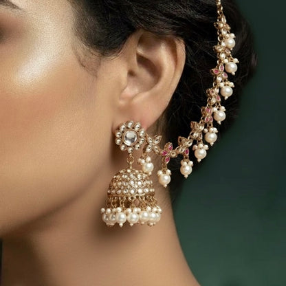 Kashi Kundan Jhumka Earrings with Sahara/Earchains - Golden