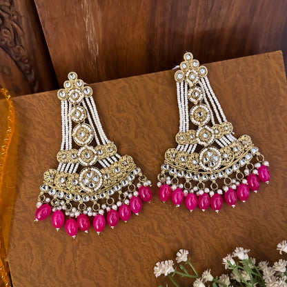 Pink Kinza Kundan Pearl Chandbali Earrings