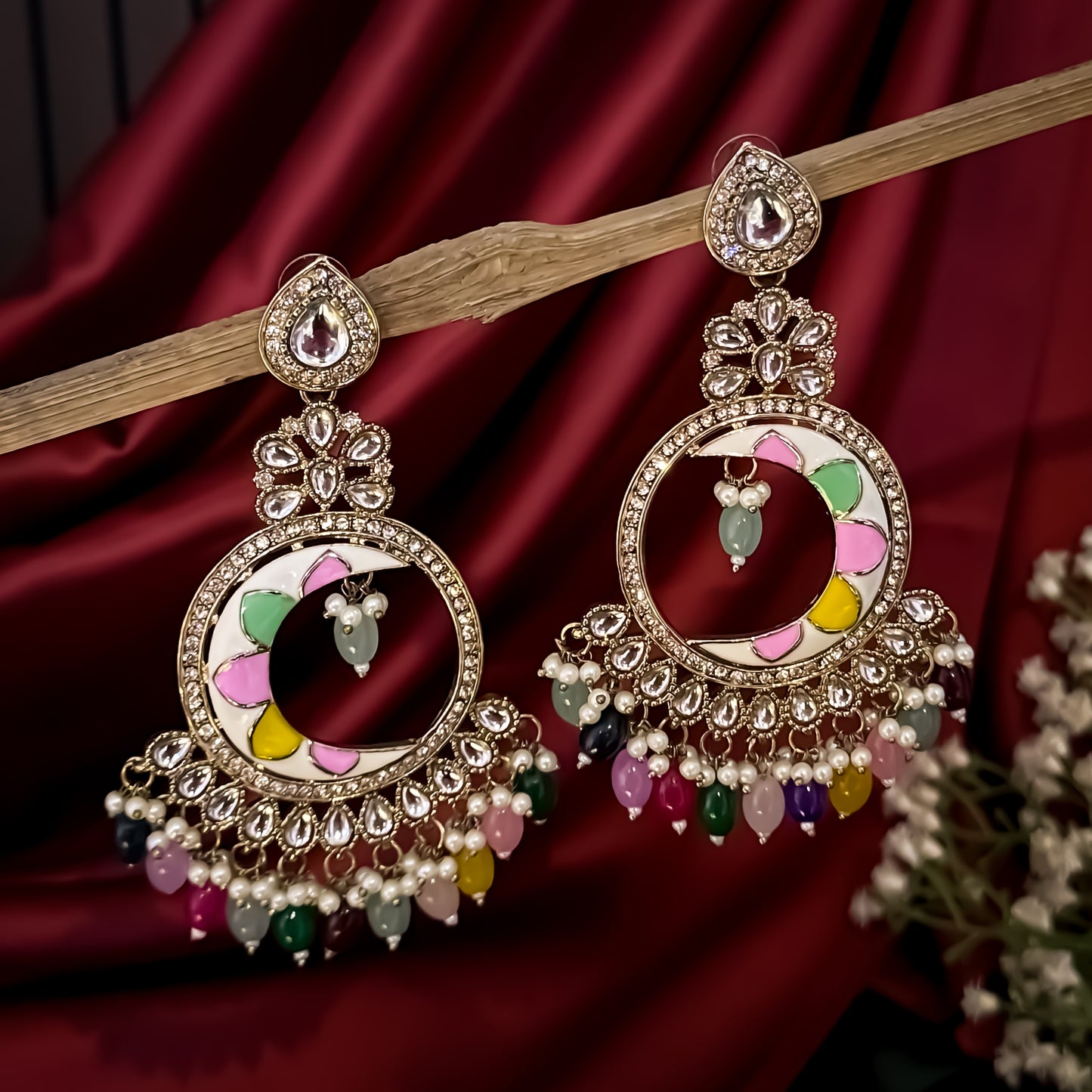 Kunica Kundan Pearl Chandbali Earrings - Multi