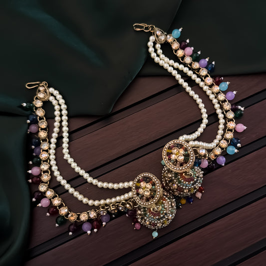 Lasika Jadau Jhumka Earrings with Sahara/Earchains - Multi