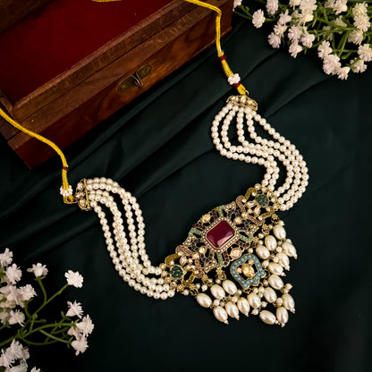Jodha Jadau Reverse AD Necklace Set with Sahara Earrings & Teeka - Multi