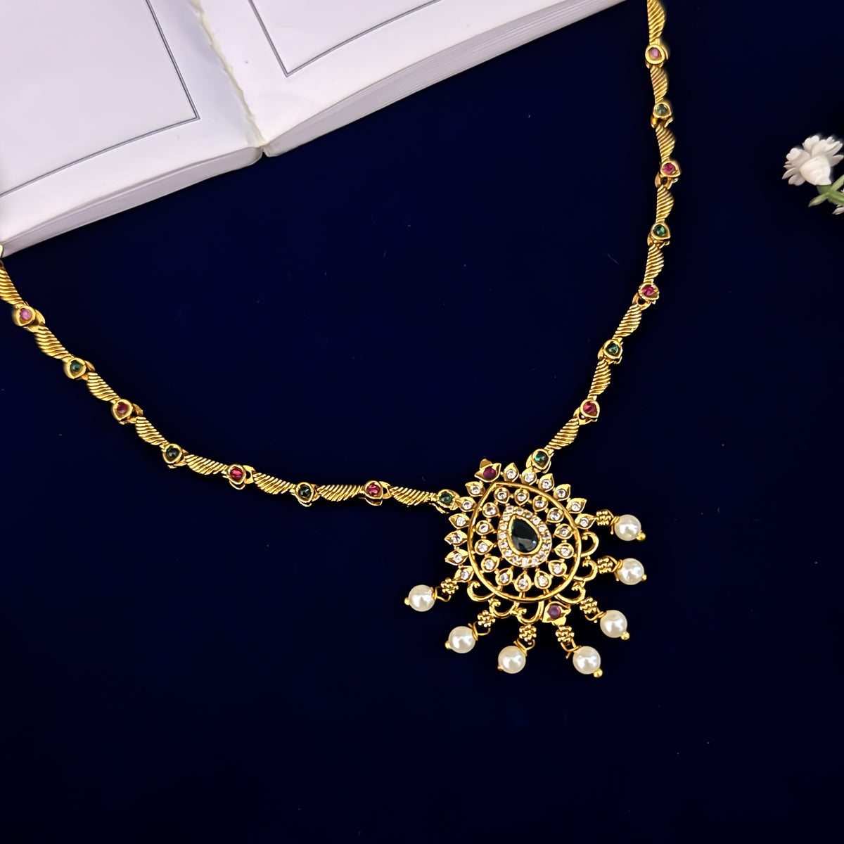 Vikhyat Temple AD Necklace Set - Green & Pink