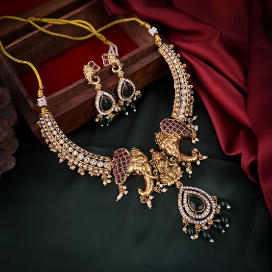 Bhavani Gajanan Lakshmi Temple Hasli Necklace Set - Golden