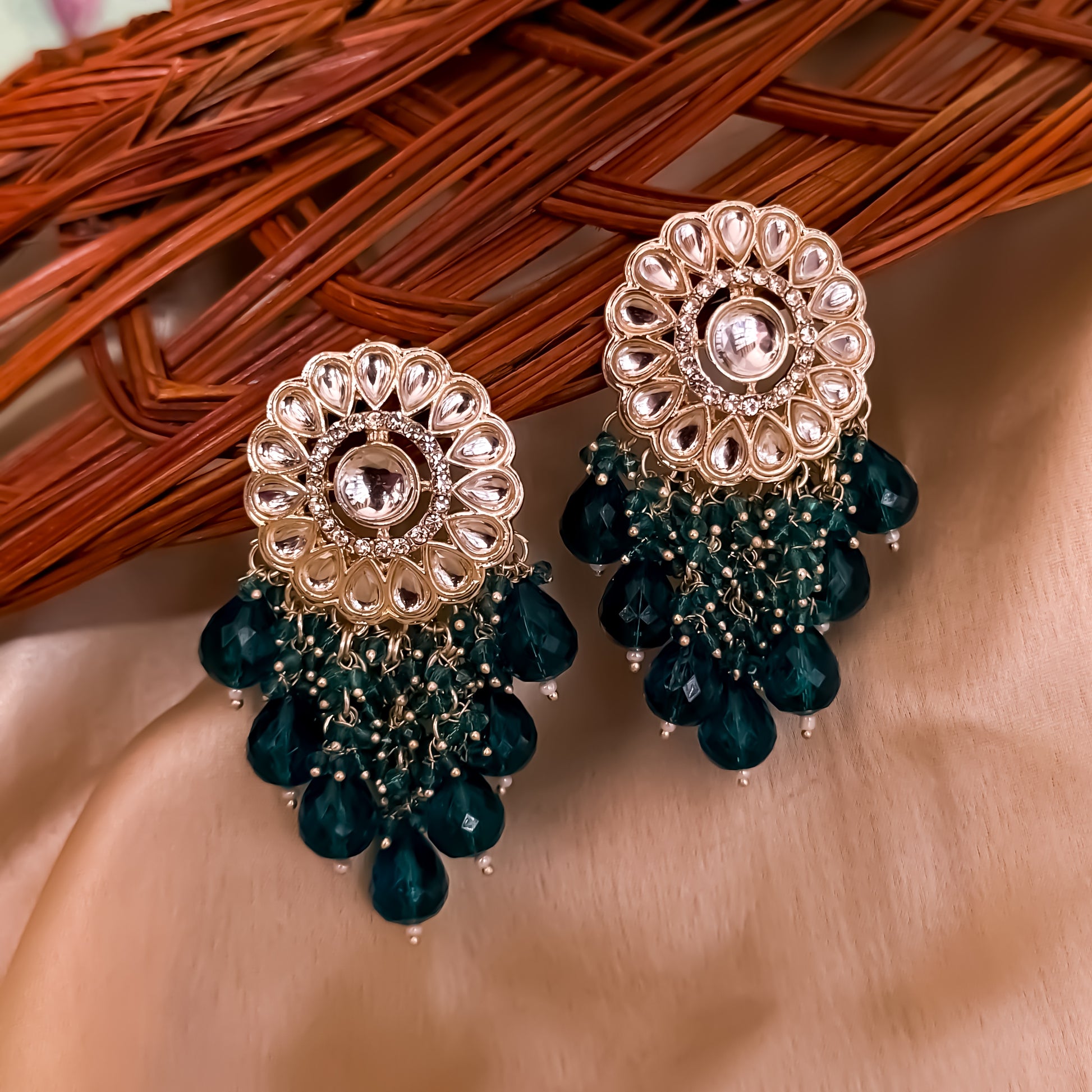 Myra Kundan Chandbali Earrings - Peacock Blue