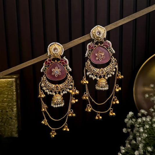 Rajshree Kashmiri Brass Dejhoor Ghungroo Jhumka Earrings - Pastel Pink