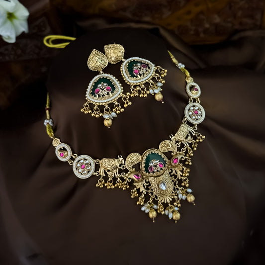 Rasina Heritage Rajwadi Necklace Set - Pink & Green