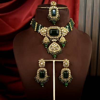 Shriya Kundan Choker Necklace Set - Green