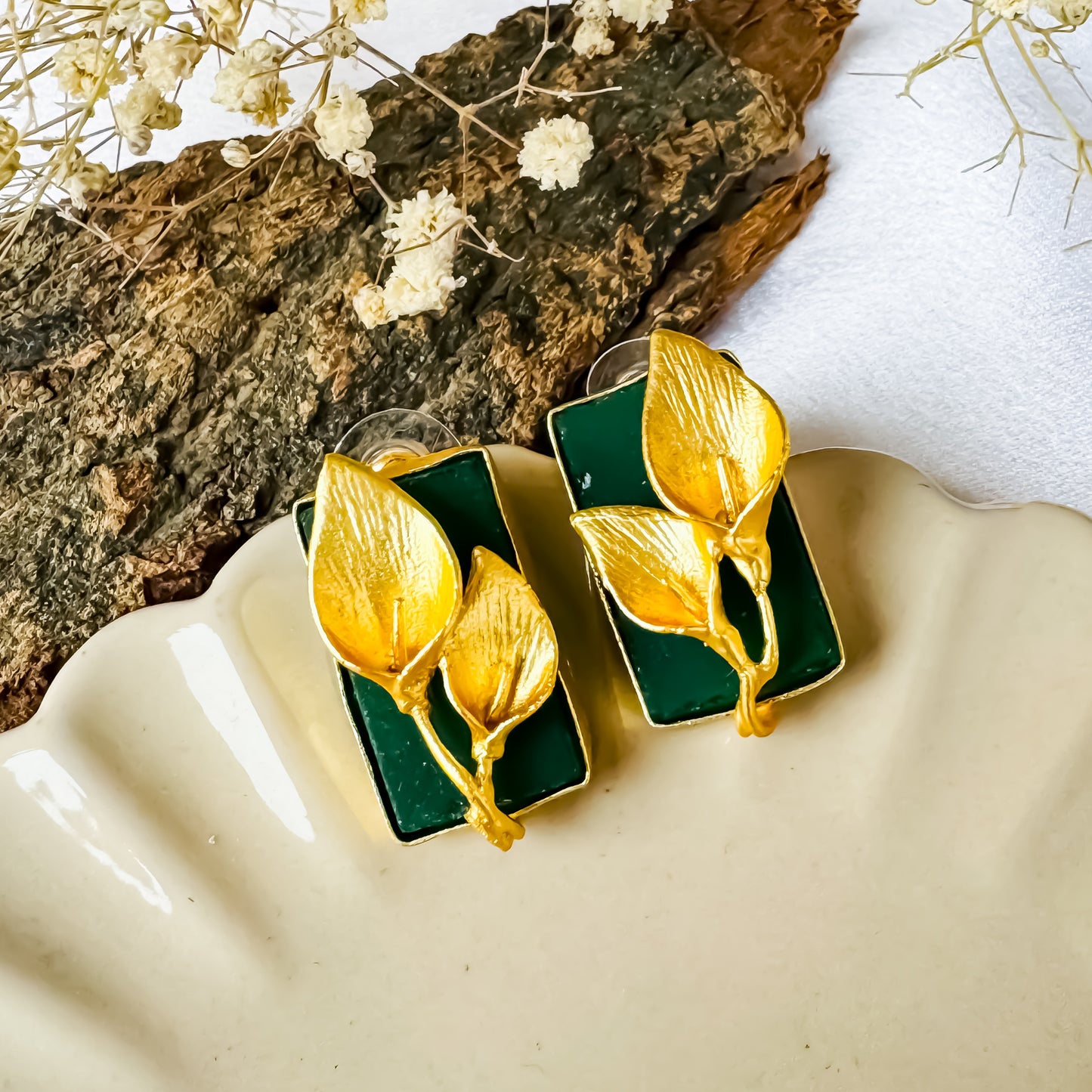 Uncut Natural Druzzy stone Brass Earrings - Green