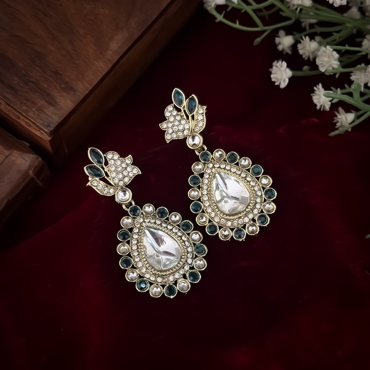 Mansi Kundan Drop Earrings - Peacock Blue