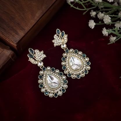 Mansi Kundan Drop Earrings - Peacock Blue