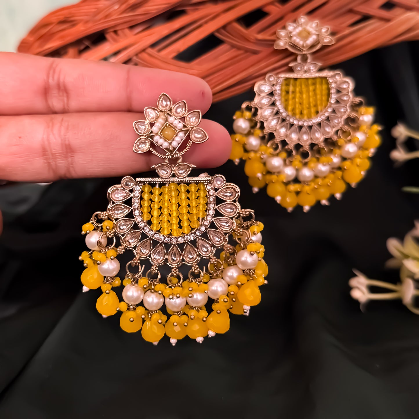 Mansa Kundan Pearl Chandbali - Yellow