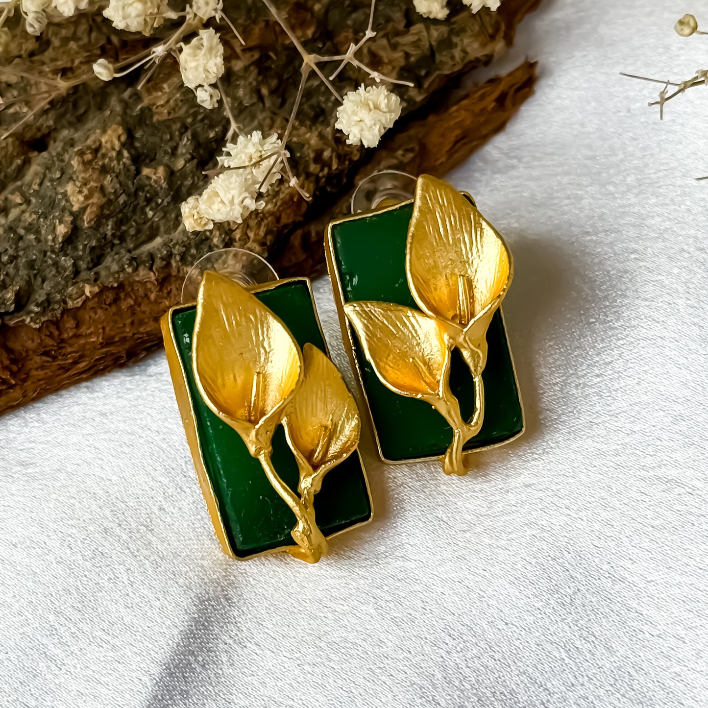 Uncut Natural Druzzy stone Brass Earrings - Green