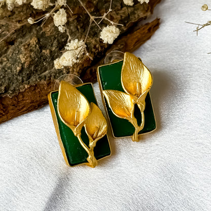 Uncut Natural Druzzy stone Brass Earrings - Green