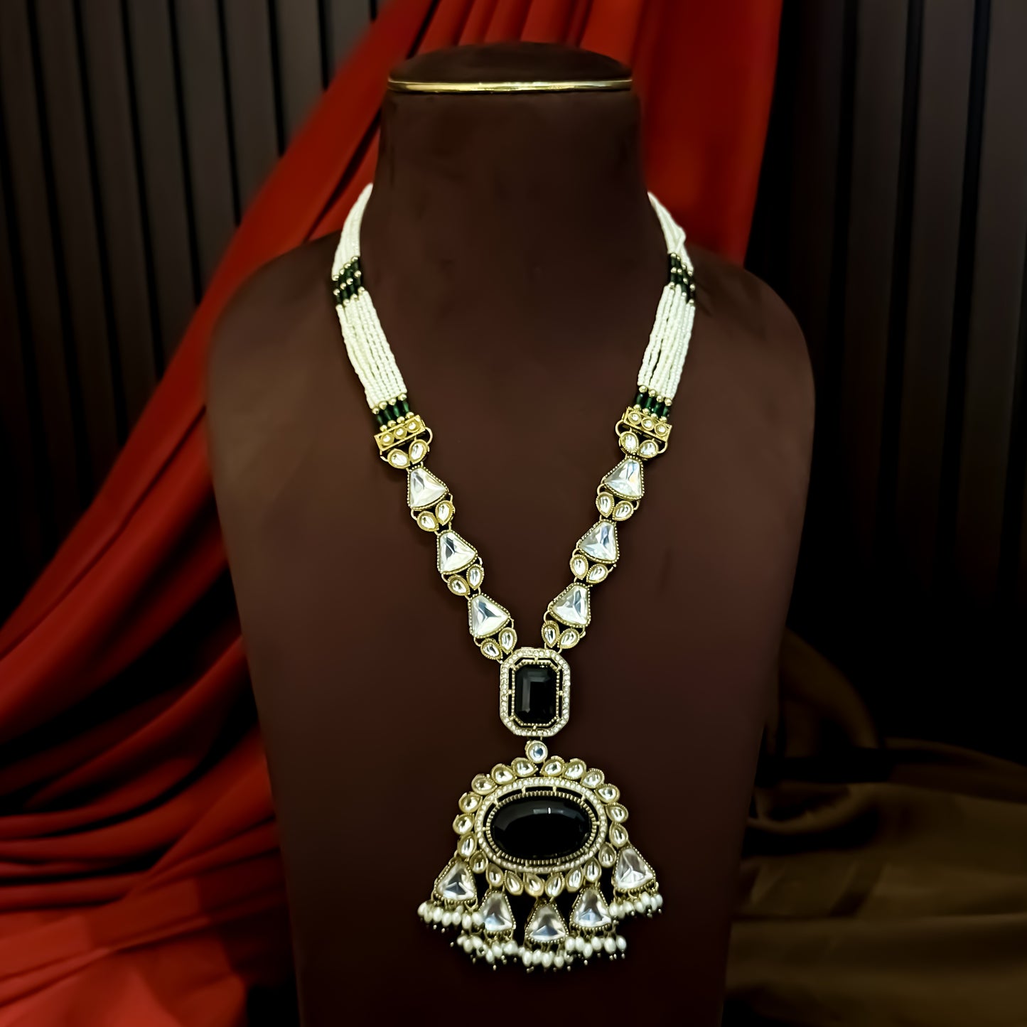Israni Premium Kundan Long & Short Necklace Set - Green