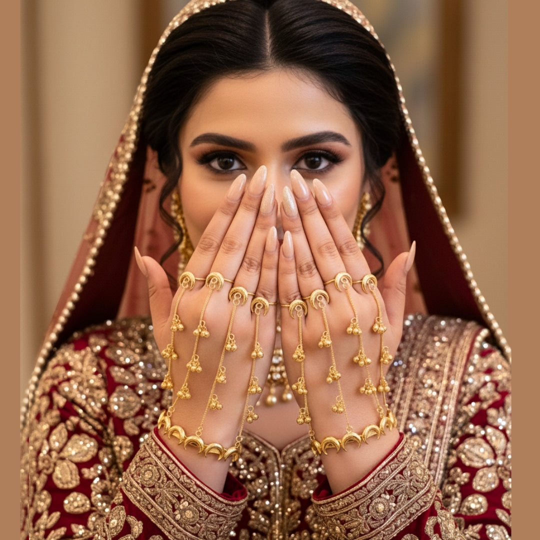 Chandani premium adjustable brass multi finger haathphool pair featuring matte gold crescent moon links and cascading ghungroo beads on a model