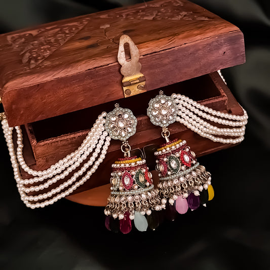 Meher Jadau Reverse AD Jhumka Earrings with Earchain - Multi