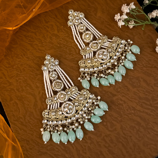 Pastel Green Kinza Kundan Pearl Chandbali Earrings