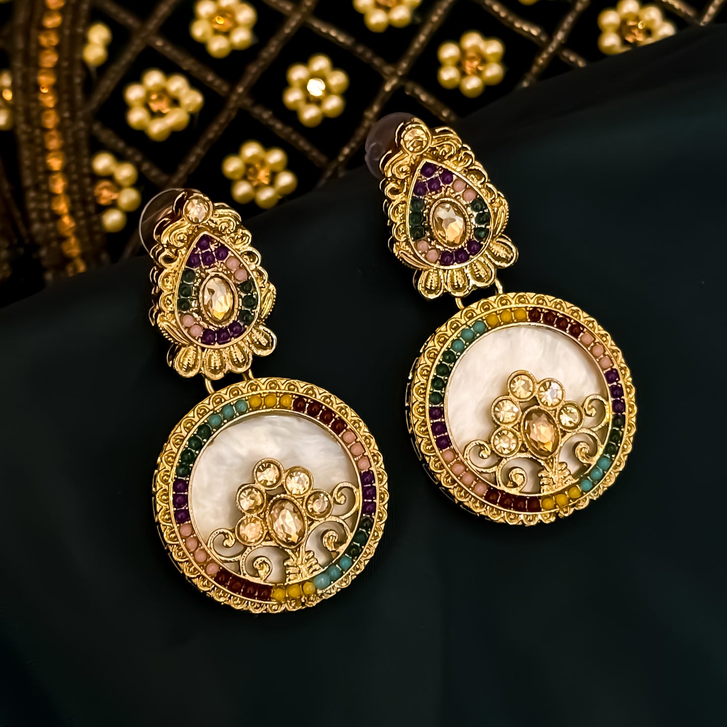 Itika Jadau MOP Chandbali Earrings - Multi