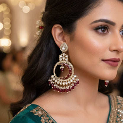 Kunica Kundan Pearl Chandbali Earrings - Maroon